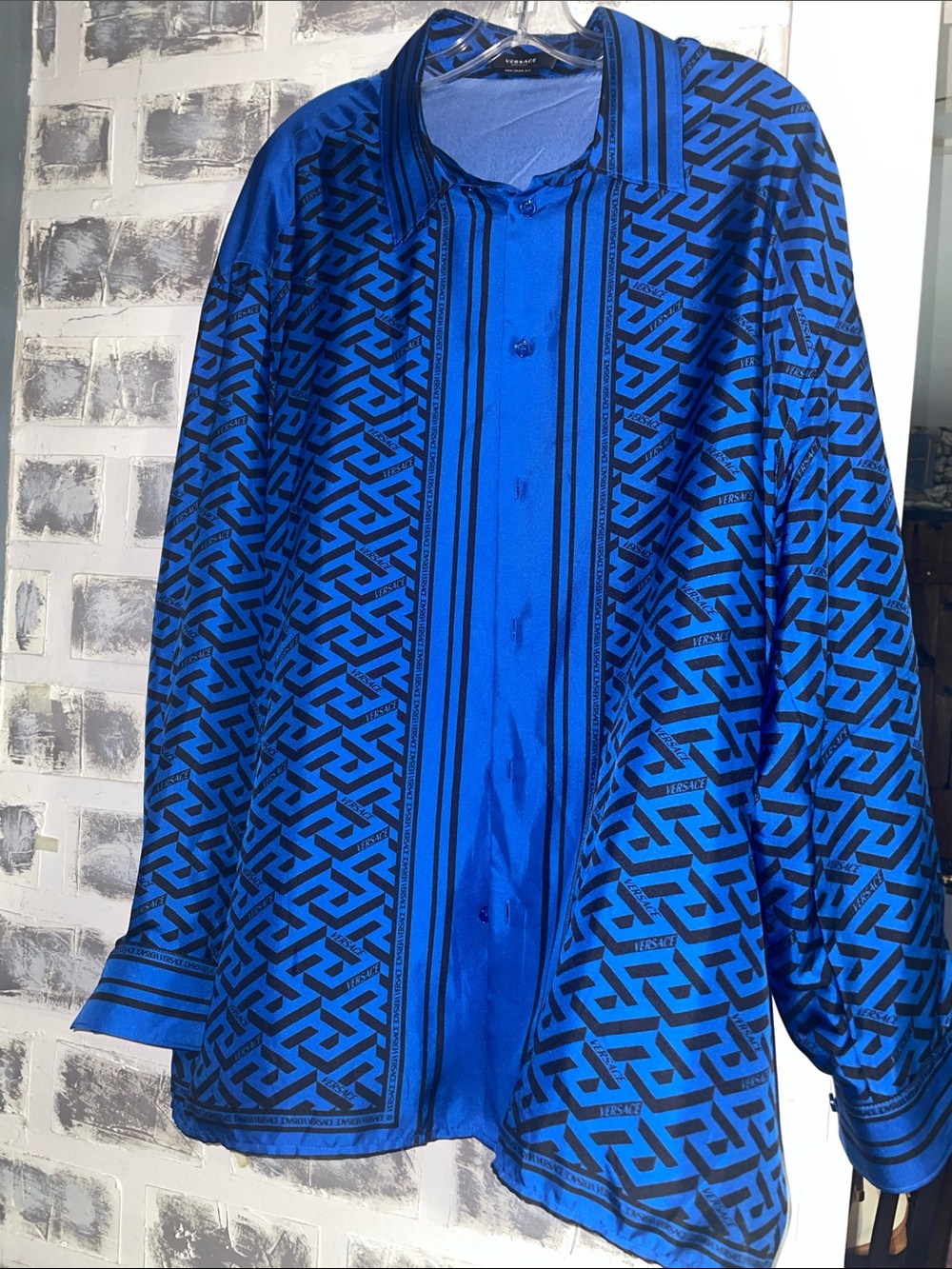 Versace Electric Blue and Black Mens La Greca silk twill Shirt